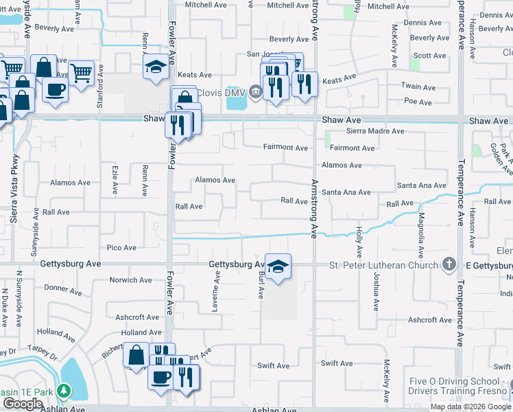 map of restaurants, bars, coffee shops, grocery stores, and more near 2465 Burl Avenue in Clovis