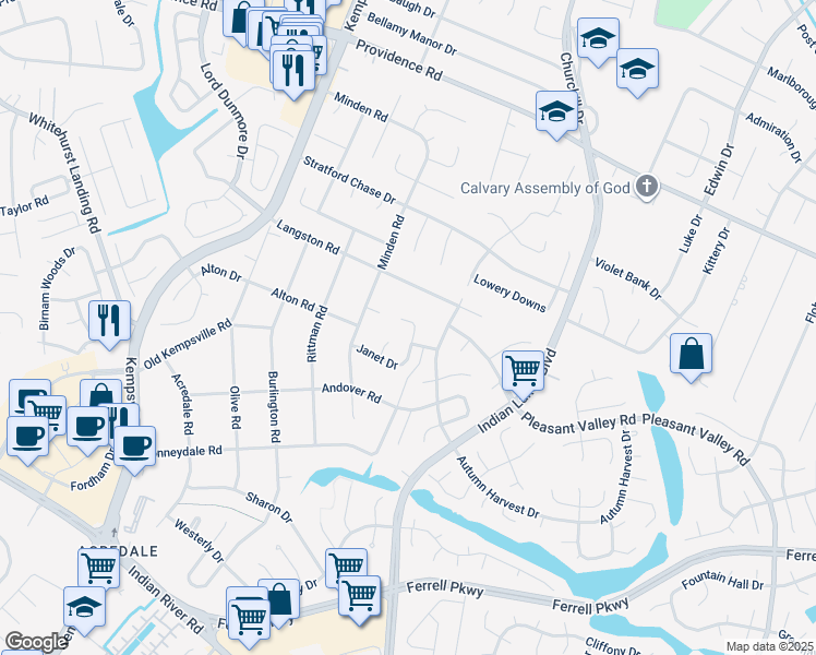 map of restaurants, bars, coffee shops, grocery stores, and more near 5084 Janet Court in Virginia Beach