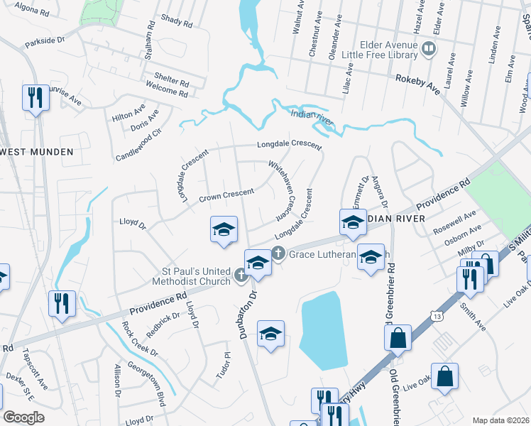 map of restaurants, bars, coffee shops, grocery stores, and more near 613 Whitehaven Crescent in Chesapeake