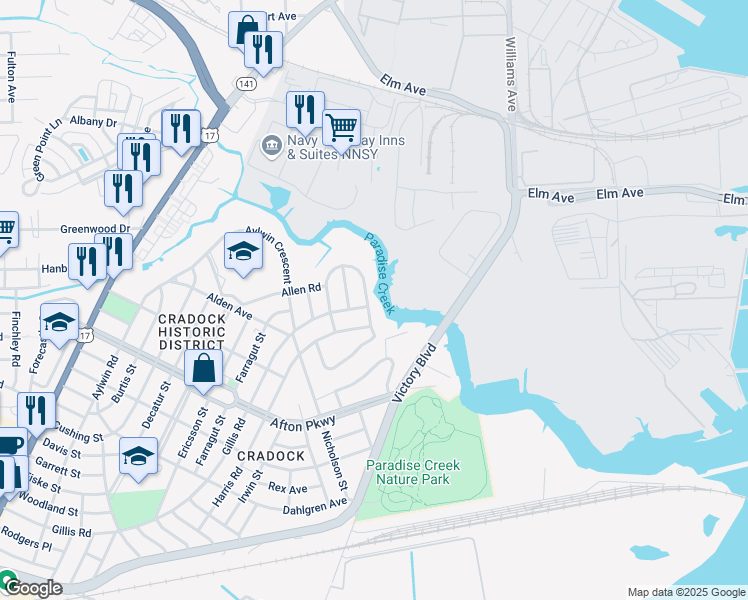 map of restaurants, bars, coffee shops, grocery stores, and more near 1 Gillis Road in Portsmouth