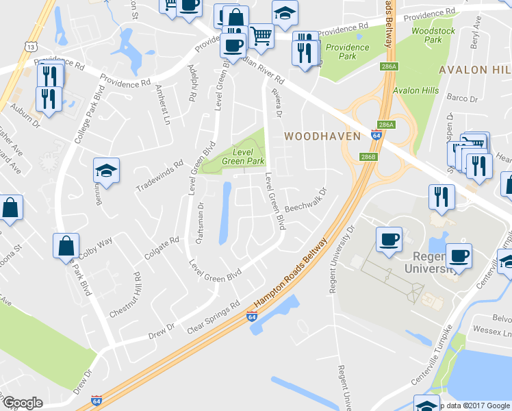 map of restaurants, bars, coffee shops, grocery stores, and more near 1118 Clear Springs Road in Virginia Beach