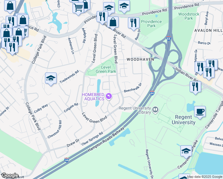 map of restaurants, bars, coffee shops, grocery stores, and more near 1118 Clear Springs Road in Virginia Beach