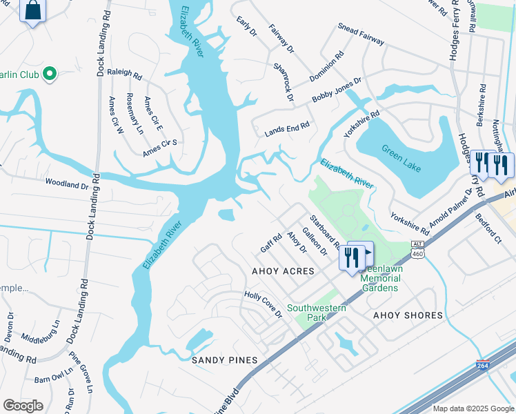 map of restaurants, bars, coffee shops, grocery stores, and more near 4025 Ahoy Drive in Chesapeake