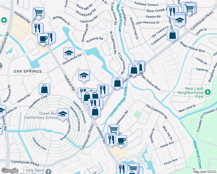 map of restaurants, bars, coffee shops, grocery stores, and more near 3300 Crabapple Road in Virginia Beach