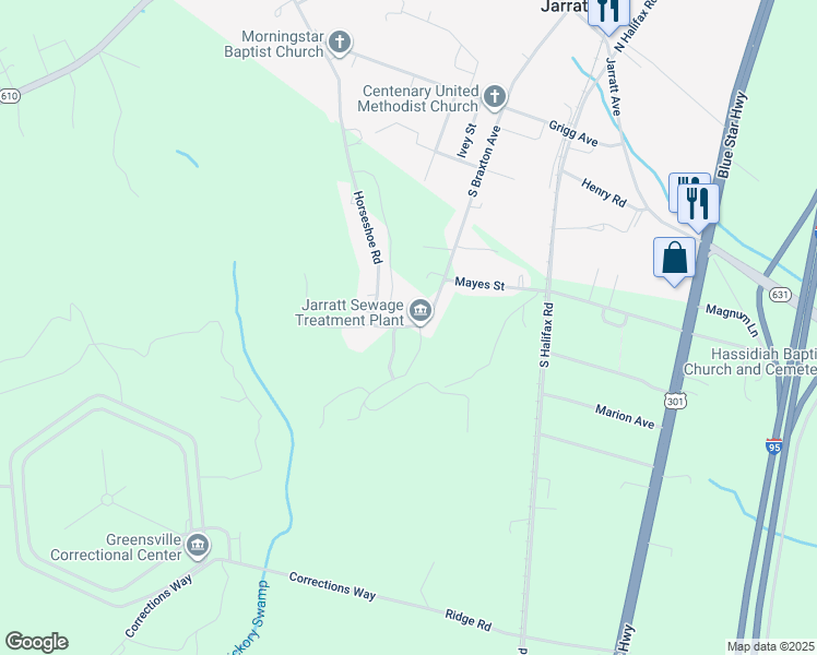 map of restaurants, bars, coffee shops, grocery stores, and more near 715 Horseshoe Road in Jarratt