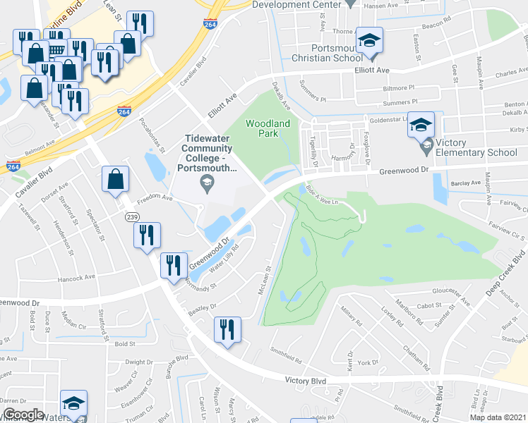 map of restaurants, bars, coffee shops, grocery stores, and more near 3209 Greenwood Drive in Portsmouth