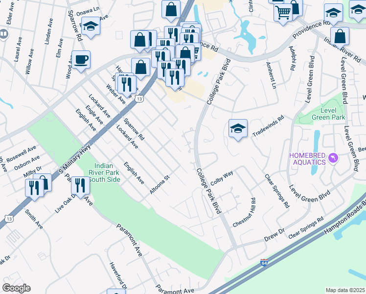 map of restaurants, bars, coffee shops, grocery stores, and more near 6464 Duquesne Place in Virginia Beach