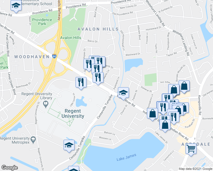 map of restaurants, bars, coffee shops, grocery stores, and more near 5617 Hearth Circle in Virginia Beach