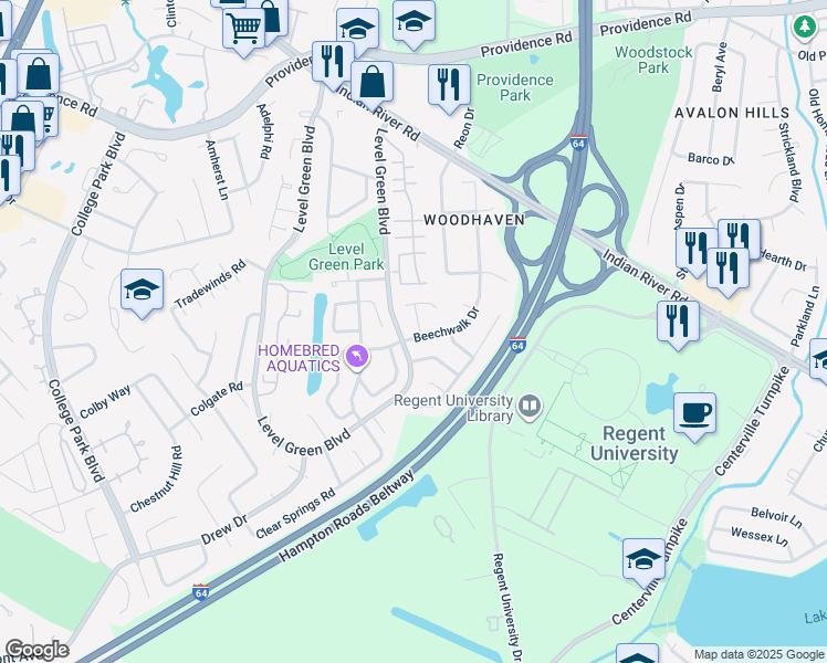 map of restaurants, bars, coffee shops, grocery stores, and more near 1137 Evert Drive in Virginia Beach