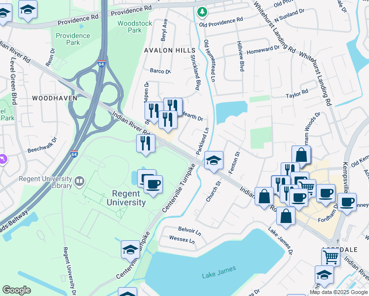 map of restaurants, bars, coffee shops, grocery stores, and more near 5617 Hearth Circle in Virginia Beach