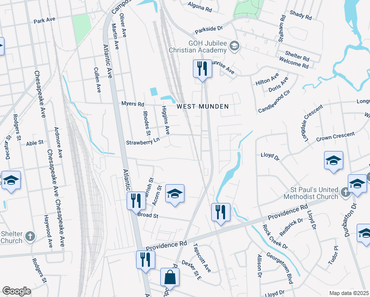 map of restaurants, bars, coffee shops, grocery stores, and more near 1720 Higgins Street in Chesapeake