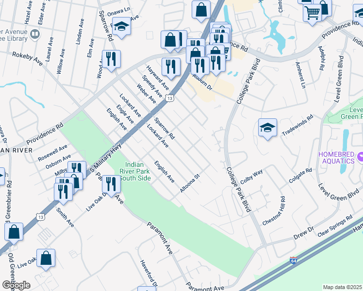 map of restaurants, bars, coffee shops, grocery stores, and more near 2014 Sparrow Road in Chesapeake