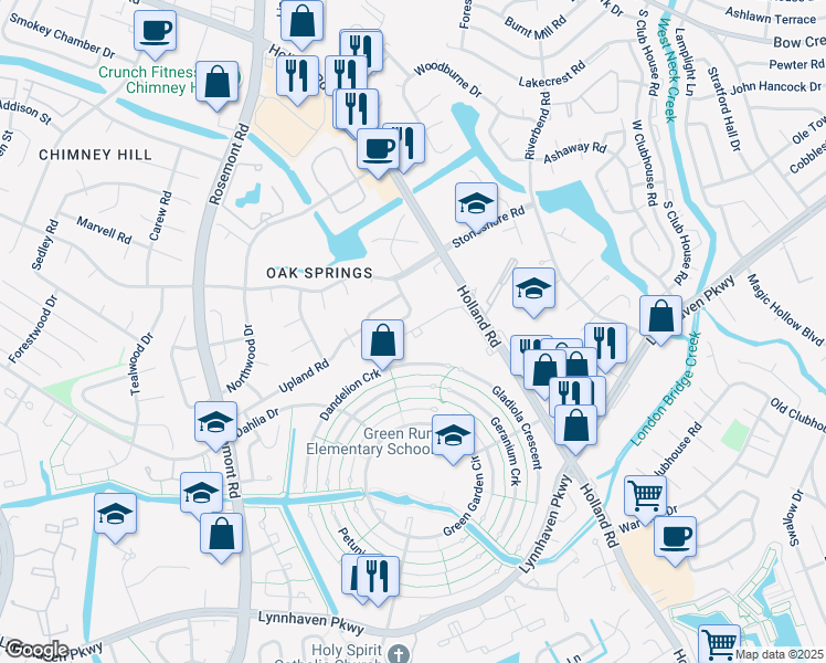 map of restaurants, bars, coffee shops, grocery stores, and more near 1027 Tivoli Crescent in Virginia Beach