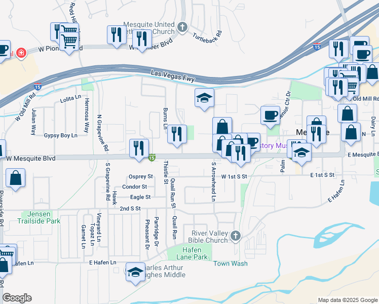 map of restaurants, bars, coffee shops, grocery stores, and more near 445-455 West Mesquite Boulevard in Mesquite