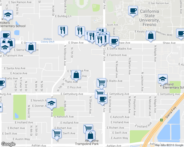map of restaurants, bars, coffee shops, grocery stores, and more near 4043 East Acacia Avenue in Fresno