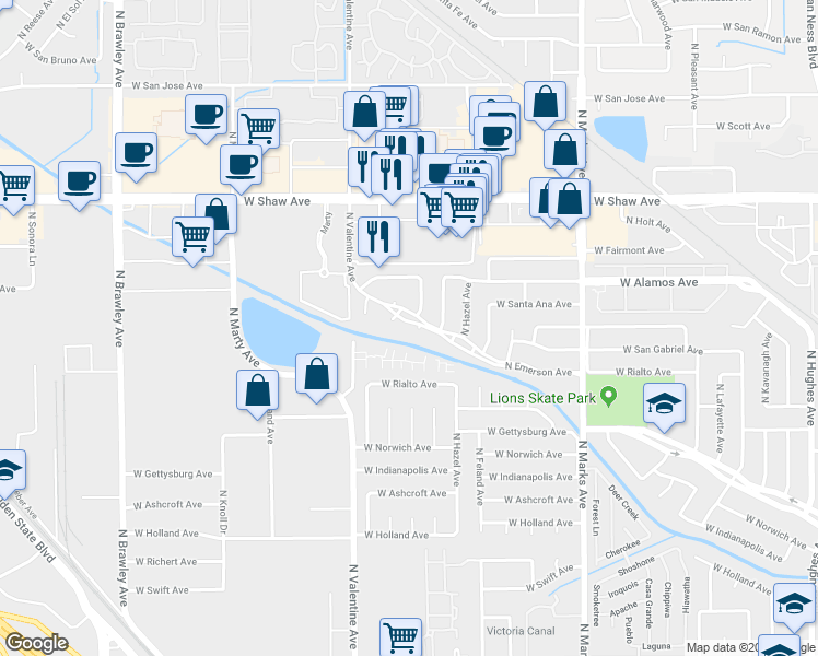 map of restaurants, bars, coffee shops, grocery stores, and more near 4597 North Emerson Avenue in Fresno