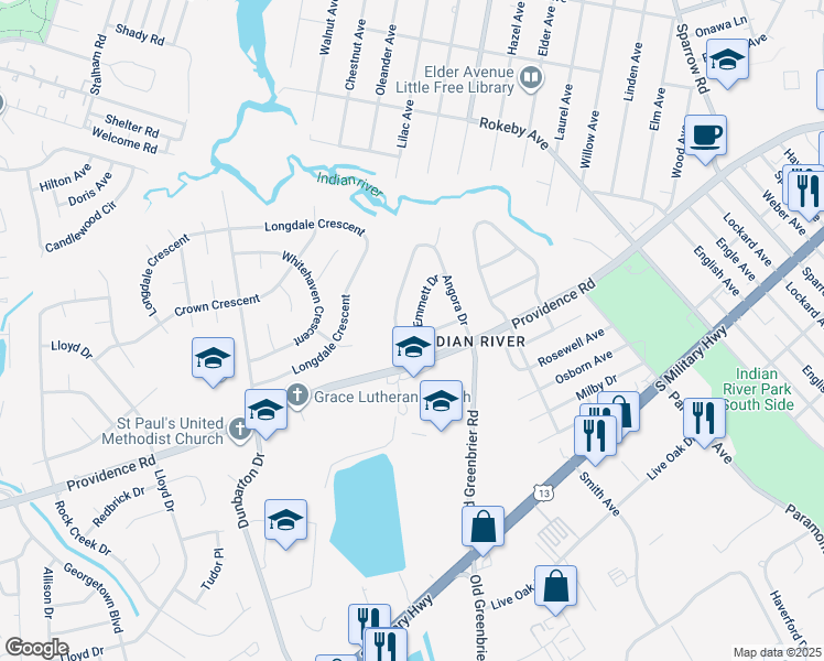 map of restaurants, bars, coffee shops, grocery stores, and more near 2038 Phyllis Drive in Chesapeake
