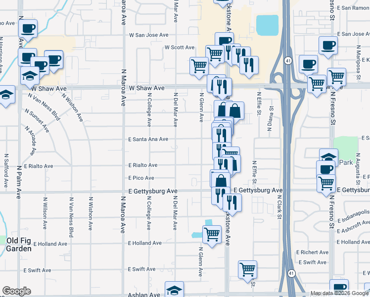 map of restaurants, bars, coffee shops, grocery stores, and more near 4765 North San Pablo Avenue in Fresno