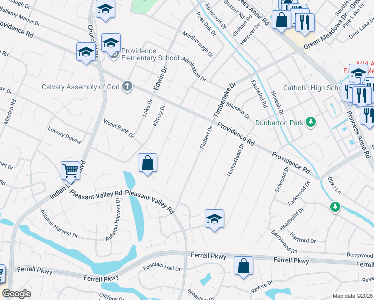 map of restaurants, bars, coffee shops, grocery stores, and more near 1140 Newmarket Drive in Virginia Beach