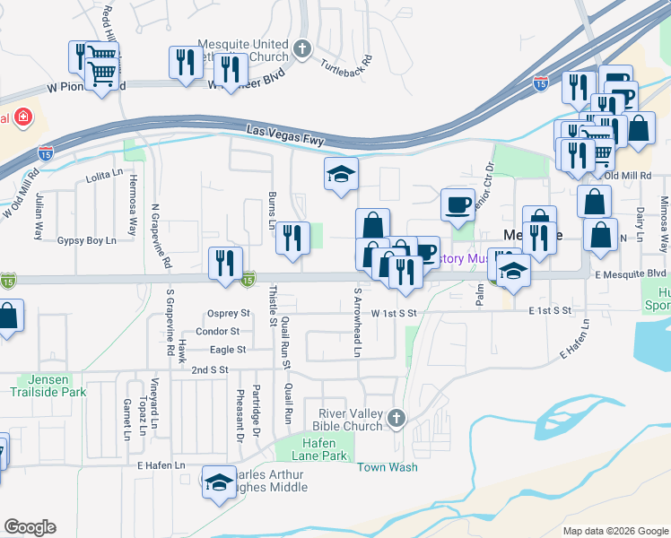 map of restaurants, bars, coffee shops, grocery stores, and more near 421 West Mesquite Boulevard in Mesquite