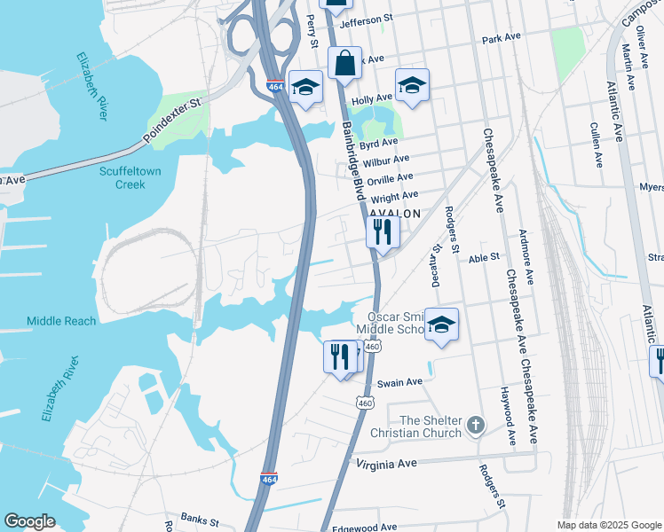 map of restaurants, bars, coffee shops, grocery stores, and more near 619 Beech Street in Chesapeake