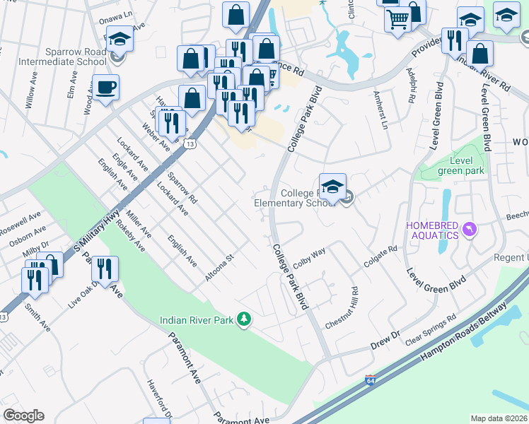 map of restaurants, bars, coffee shops, grocery stores, and more near 6472 Duquesne Place in Virginia Beach
