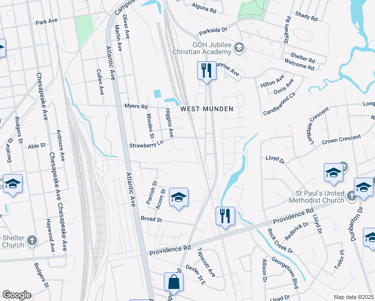map of restaurants, bars, coffee shops, grocery stores, and more near 1720 Higgins Street in Chesapeake