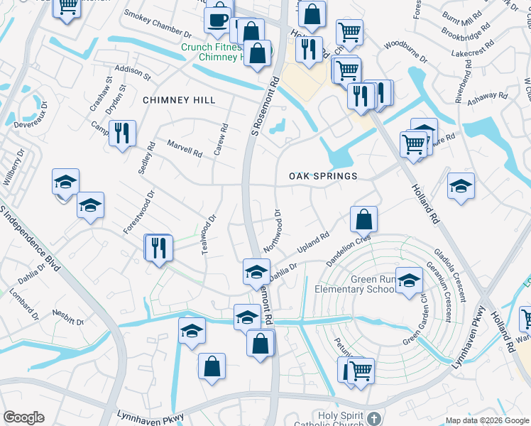 map of restaurants, bars, coffee shops, grocery stores, and more near 3812 Ridgeview Road in Virginia Beach