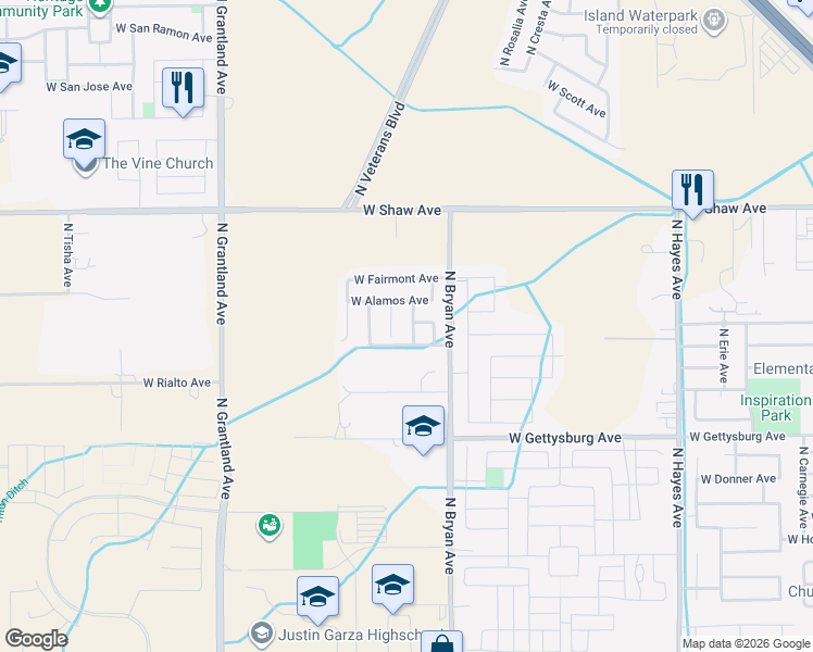 map of restaurants, bars, coffee shops, grocery stores, and more near 6542 West Acacia Avenue in Fresno