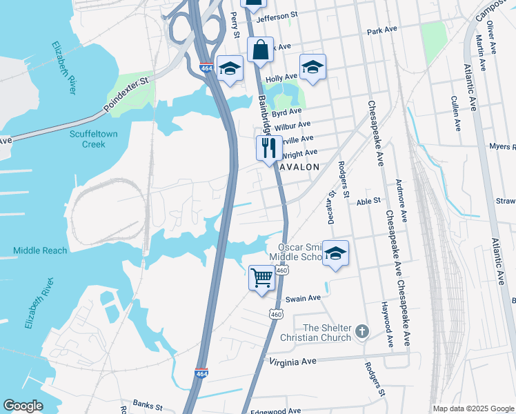 map of restaurants, bars, coffee shops, grocery stores, and more near 633 Beech Street in Chesapeake