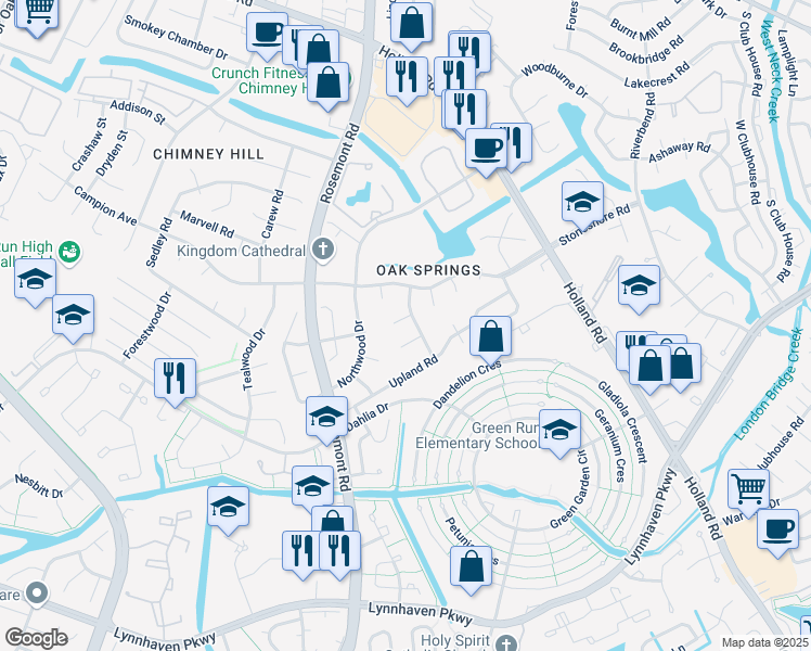 map of restaurants, bars, coffee shops, grocery stores, and more near 3705 Oak Creek Court in Virginia Beach