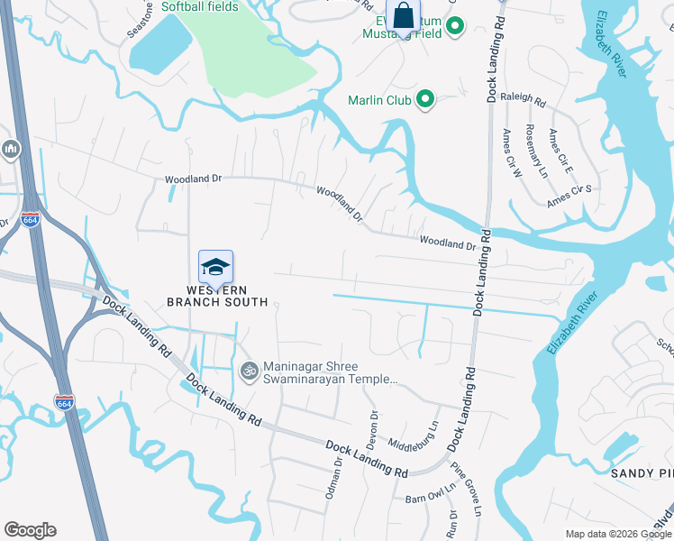 map of restaurants, bars, coffee shops, grocery stores, and more near 4100 Maple Drive in Chesapeake