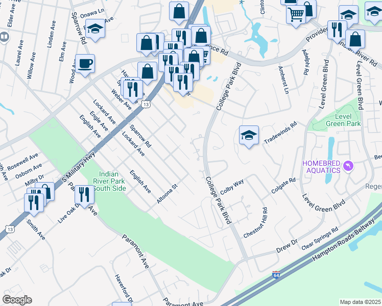 map of restaurants, bars, coffee shops, grocery stores, and more near 6472 Duquesne Place in Virginia Beach
