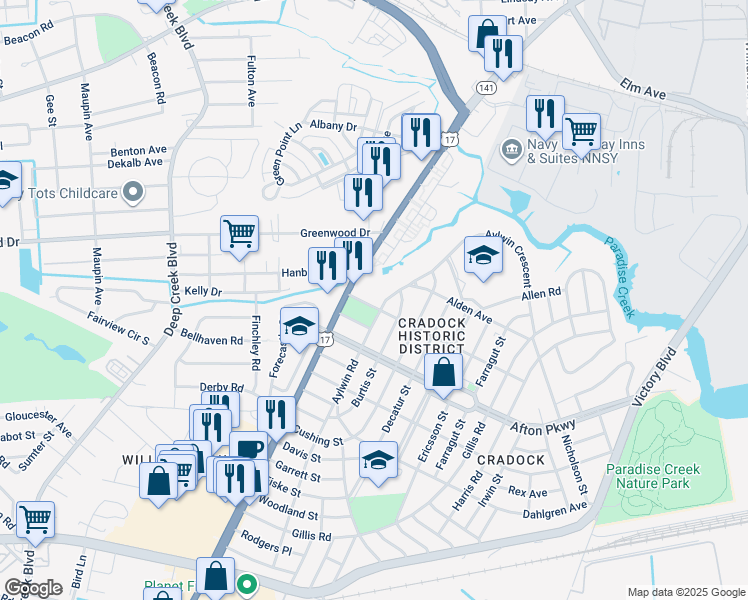 map of restaurants, bars, coffee shops, grocery stores, and more near 11 Bainbridge Avenue in Portsmouth