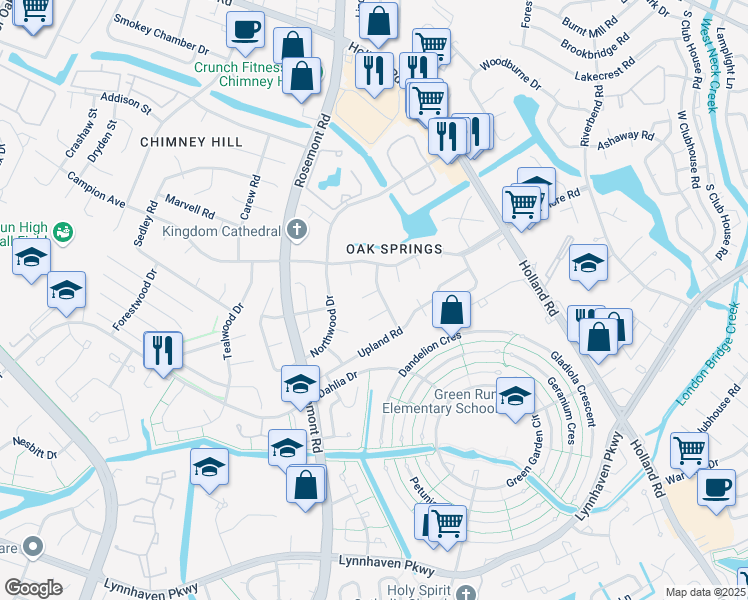 map of restaurants, bars, coffee shops, grocery stores, and more near 3705 Oak Creek Court in Virginia Beach