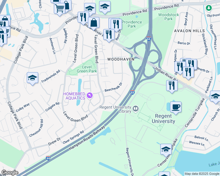 map of restaurants, bars, coffee shops, grocery stores, and more near 1100 Newcombe Drive in Virginia Beach