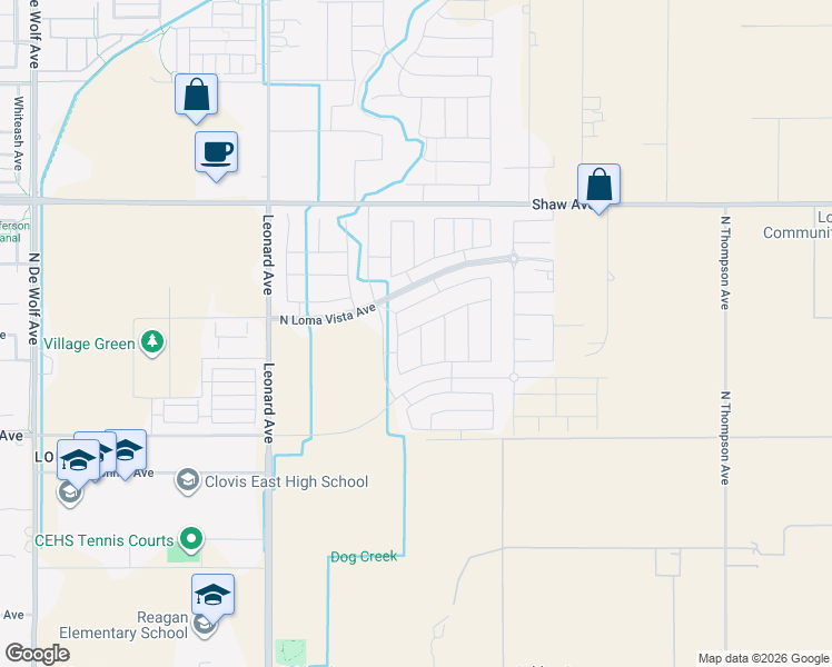 map of restaurants, bars, coffee shops, grocery stores, and more near 2479 La Canada Avenue in Clovis