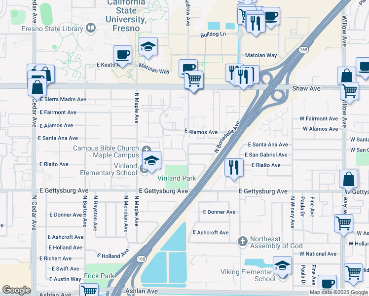 map of restaurants, bars, coffee shops, grocery stores, and more near 4703 East San Gabriel Avenue in Fresno