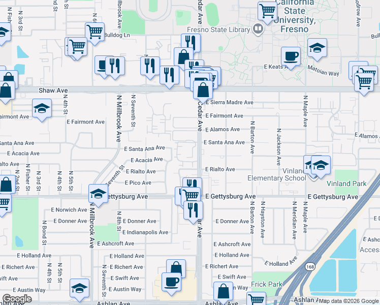 map of restaurants, bars, coffee shops, grocery stores, and more near 4727 North Cedar Avenue in Fresno