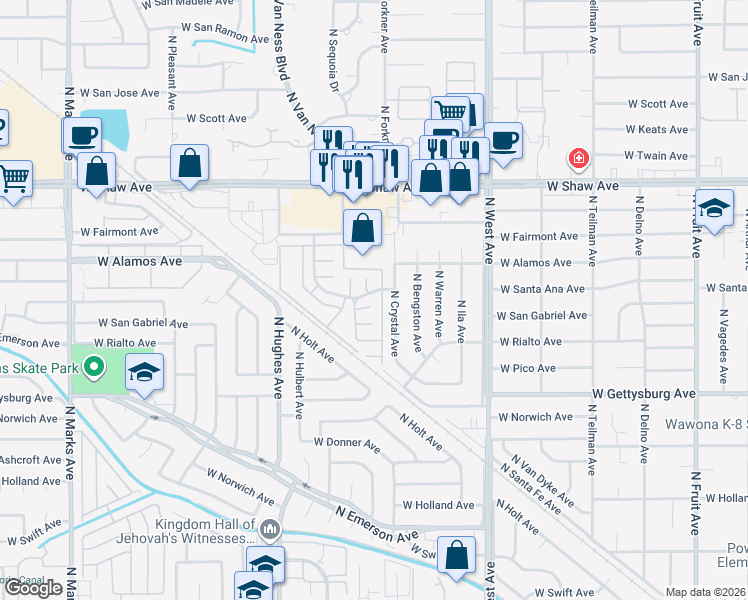 map of restaurants, bars, coffee shops, grocery stores, and more near 1773 West Santa Ana Avenue in Fresno