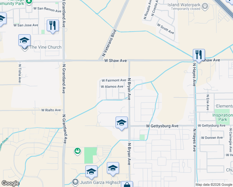map of restaurants, bars, coffee shops, grocery stores, and more near 6542 West Acacia Avenue in Fresno