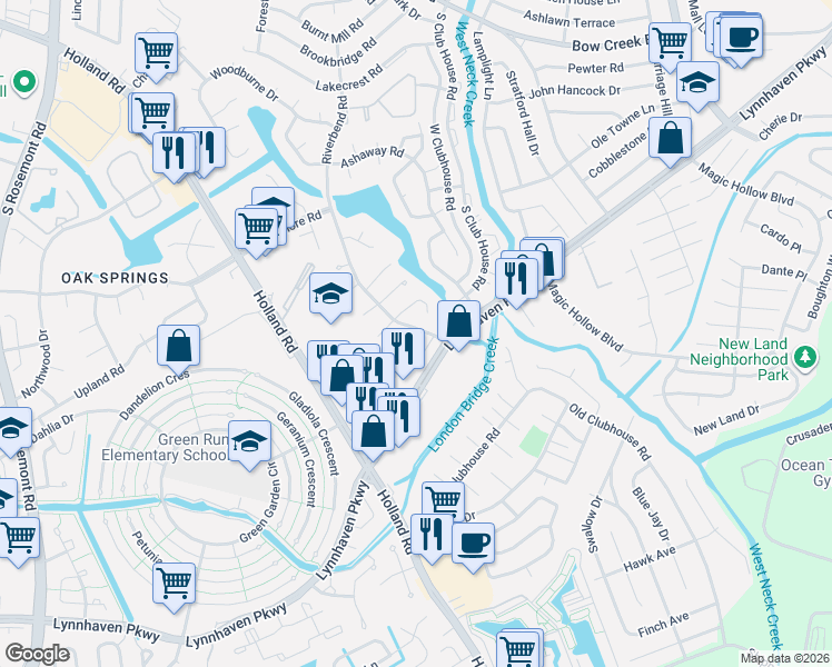 map of restaurants, bars, coffee shops, grocery stores, and more near 3313 Waterman Road in Virginia Beach