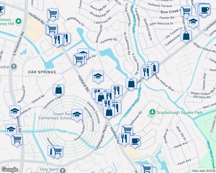 map of restaurants, bars, coffee shops, grocery stores, and more near 3320 Sugar Creek Drive in Virginia Beach