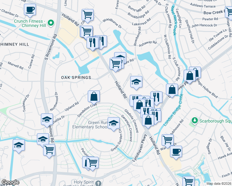 map of restaurants, bars, coffee shops, grocery stores, and more near 1029 Tivoli Crescent in Virginia Beach