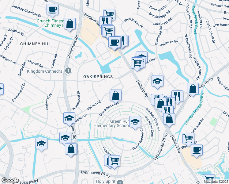 map of restaurants, bars, coffee shops, grocery stores, and more near 974 Smoke Tree Lane in Virginia Beach