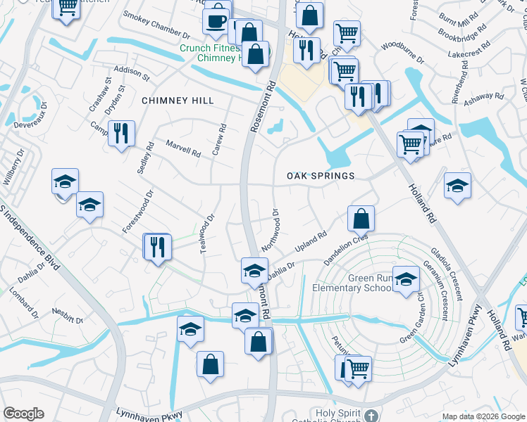 map of restaurants, bars, coffee shops, grocery stores, and more near 3812 Ridgeview Road in Virginia Beach