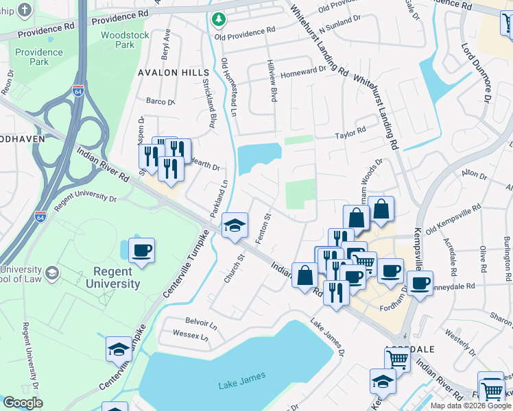 map of restaurants, bars, coffee shops, grocery stores, and more near 1207 Fenton Street in Virginia Beach