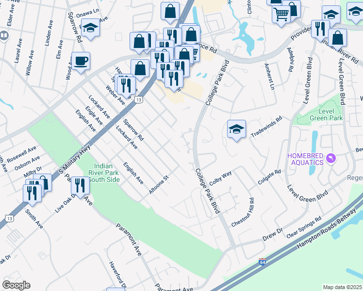map of restaurants, bars, coffee shops, grocery stores, and more near 6472 Duquesne Place in Virginia Beach