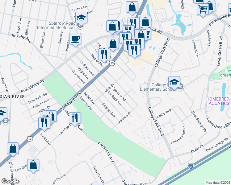 map of restaurants, bars, coffee shops, grocery stores, and more near 2023 Sparrow Road in Chesapeake