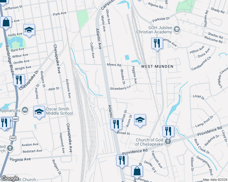map of restaurants, bars, coffee shops, grocery stores, and more near 1656 Atlantic Avenue in Chesapeake